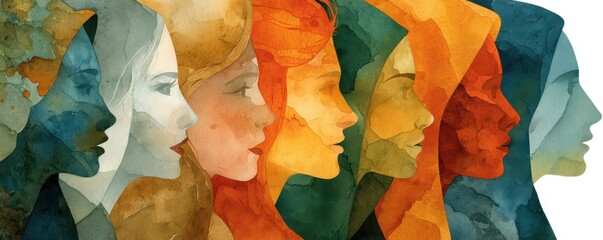 Colorful watercolor silhouettes of women in profile forming a diverse, united group