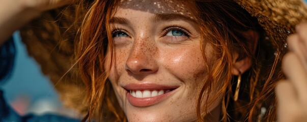 Close-up portrait of a freckled woman with red hair wearing a straw hat on a sunny beach.