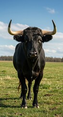 Majestic horned bull stands confidently in a sunlit pasture, showcasing its immense power and natural strength under an open sky ,natural light ,grassland ,outdoor scene