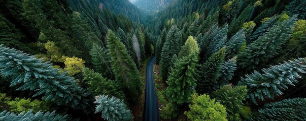 Aerial view of a winding road through a dense pine forest in a mountain valley