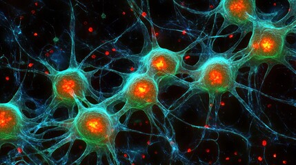 Microscopic view interconnected neural networks with vibrant colors