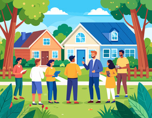 A real estate agent presents two houses to a group of diverse potential buyers in a suburban neighborhood setting.