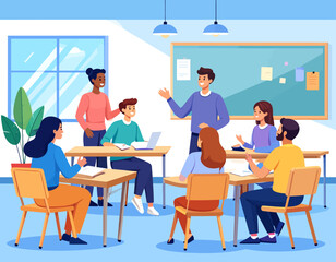 A teacher leads a classroom discussion with students seated at desks, some using laptops and notebooks, in a bright, modern classroom setting.