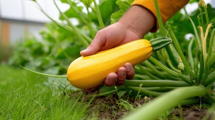 Hand harvesting fresh yellow zucchini squash in a sunny organic garden, cultivating healthy homegrown vegetables