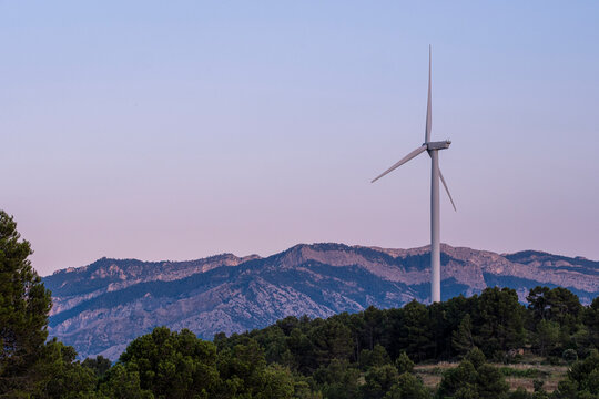 Across Terra Alta Catalonia Spain the wind turbine landscape conveys renewable energy and sustainability while the open fields guide the viewer’s eye toward the soft horizon