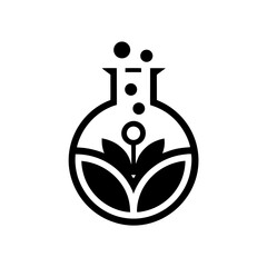 Black and white drawing of a flask with plant inside on transparent background