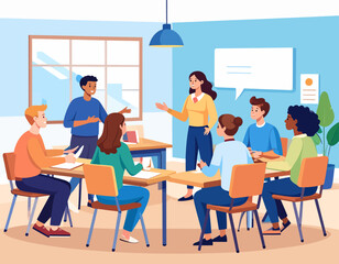 Group of diverse young professionals in a brightly lit office setting, collaborating around a table during a meeting, with two individuals presenting.