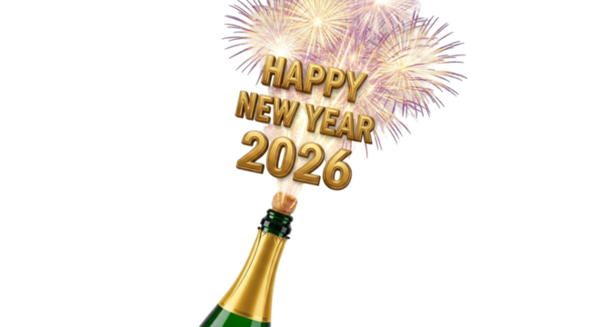 Happy new year 2026 text with champagne bottle and fireworks
