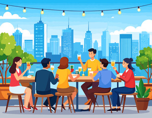 Group of friends enjoying drinks at a rooftop bar with a cityscape view, celebrating and socializing in a cheerful atmosphere.