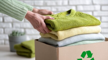 Woman's hands placing folded sweaters into a cardboard box with a recycling symbol, preparing items for donation and sustainable reuse