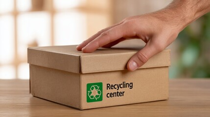 Hand placing cardboard box labeled recycling center symbol on a wooden table, emphasizing eco friendly waste sorting