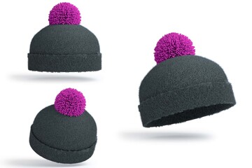 grey knit beanie with hot pink pom pom from multiple angles for winter style and design