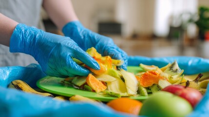 Person in blue gloves separating organic fruit peels and kitchen scraps into a compost bin for waste recycling