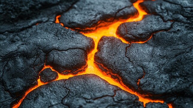 Molten rock cracks reveal glowing orange hot lava surface, ash and dark rugged texture