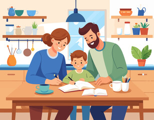 A mother and father help their son with his homework at a wooden kitchen table, with shelves, plants, and a window in the background.