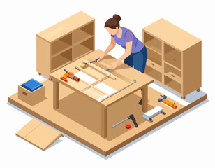 Isometric illustration of a woman assembling furniture on a table, surrounded by wooden cabinets and tools.