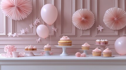 Pastel pink treat display with cupcakes, balloons, fans against panelled wall