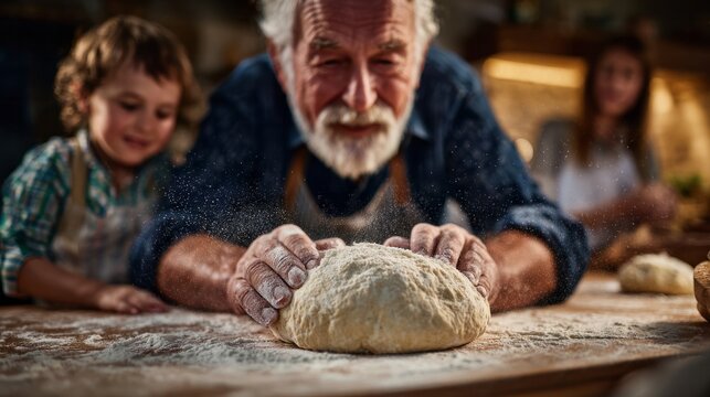 Grandfather and young grandson baking bread, kneading dough on a floured wooden counter. Family enjoying cooking together - Powered by Adobe