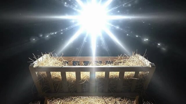 Experience the wonder of Christmas with this striking nativity scene with hay bale and bright star shining down, a heartwarming holiday moment