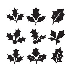 Collection of Festive Holly Silhouettes Classic Christmas Leaves and Berries Icon Set.