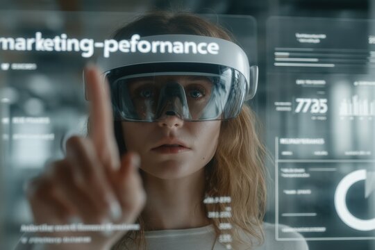 Female employee wearing virtual reality headset touches interactive data dashboards in a futuristic office scene - Powered by Adobe