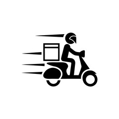 Delivery man riding scooter with package in black and white on transparent background