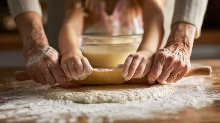 Hands of grandmother and grandchild rolling dough on a wooden table, baking together, traditional family activity