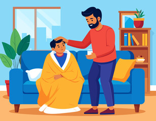 Father tending to his sick son wrapped in a blanket on the sofa, holding a glass of water in a cozy indoor setting.