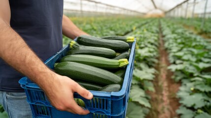 Farmer carrying a blue crate filled with healthy green zucchini, walking through rows of plants in a large commercial greenhouse