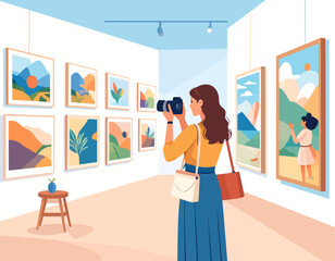 Woman with long brown hair photographing artwork in a bright and modern art gallery, surrounded by colorful abstract paintings.