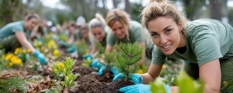 Woman smiling while planting a tree with a group of diverse friends in a garden - Powered by Adobe