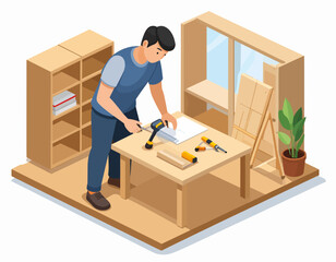 Isometric illustration of a man assembling furniture with a power drill in a room with a window and bookshelf.