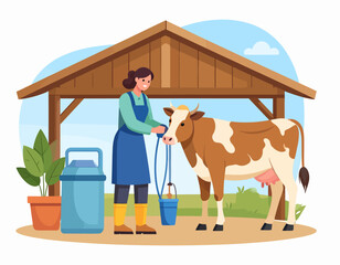 A woman in an apron prepares to milk a brown and white cow standing in a barn, with a milk can and bucket nearby.