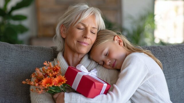 Grandmother and granddaughter embracing, sharing a gift and flowers, feeling love and connection on the couch at home