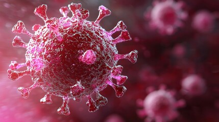 Pink virus cell close-up, blurry cells in background