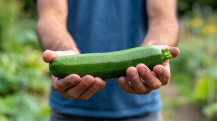 Man holding a just picked green zucchini, offering fresh organic produce from a sustainable home garden