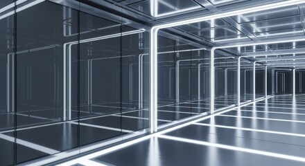 Modern abstract futuristic corridor with glowing white neon light design