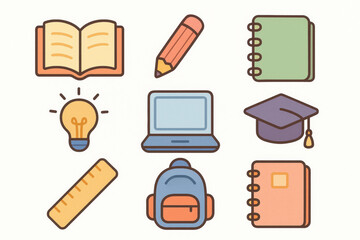 Ic&ocirc;nes scolaires color&eacute;es, livre, crayon, cahier, ampoule, ordinateur, chapeau de dipl&ocirc;m&eacute;, r&egrave;gle, sac &agrave; dos et calendrier, pack d&rsquo;illustrations &eacute;ducatives