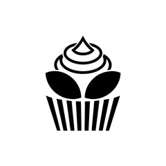 Stylized cupcake with leaves and striped wrapper design on transparent background