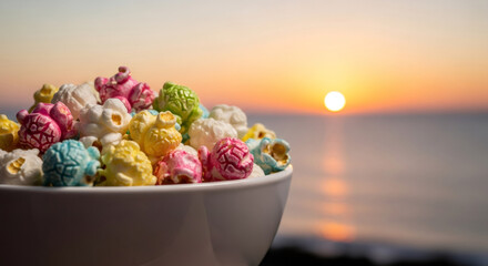 A bowl of colorful candied popcorn on the beach at sunset. Close-up of a sweet snack with a scenic ocean background and copy space for text