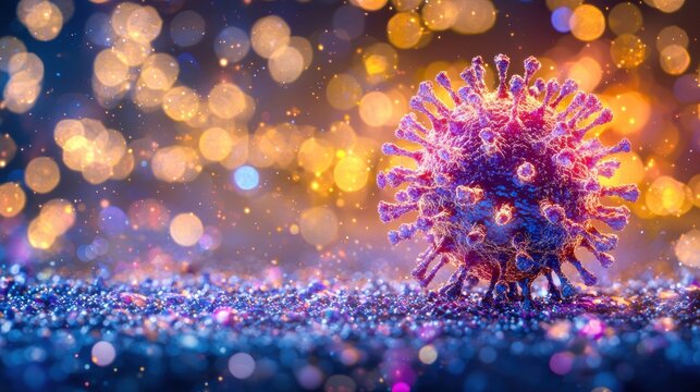 Rendered virus cell with spike proteins against shimmering bokeh background - Powered by Adobe