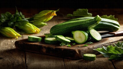 Zucchini and fresh squash blossoms on a chopping board, with sliced courgette and a knife, ready for healthy cooking