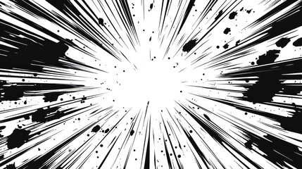 Radial burst effect with abstract dark splatters over white, comic book style