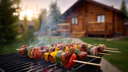 Skewers with chicken, pork, beef, zucchini, bell pepper, and onion cooking on a bbq grill in a rural setting