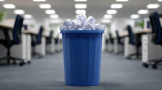 Blue waste bin overflowing with discarded crumpled paper in a modern office, symbolizing failed ideas and creative block