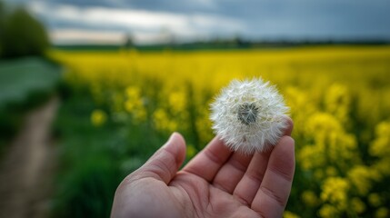 In a vibrant field of yellow rapeseed, a gentle hand holds a delicate dandelion puff known as Taraxacum, showcasing nature's beauty. This dandelion puff symbolizes the transition t