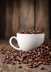 Coffee beans surrounding a white coffee cup.
