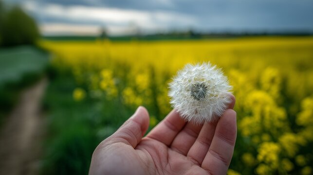 In a vibrant field of yellow rapeseed, a gentle hand holds a delicate dandelion puff known as Taraxacum, showcasing nature's beauty. This dandelion puff symbolizes the transition t