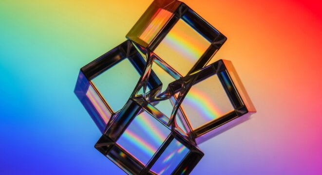 Geometric glass prisms refracting light creating colorful rainbow spectrums
