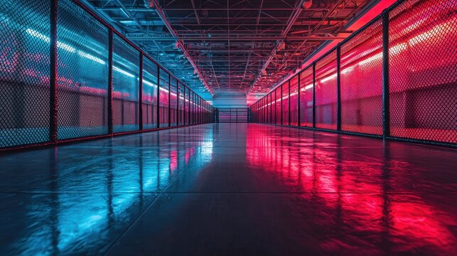 Sleek, futuristic corridor with blue and red lighting, wet floor, and metal grates